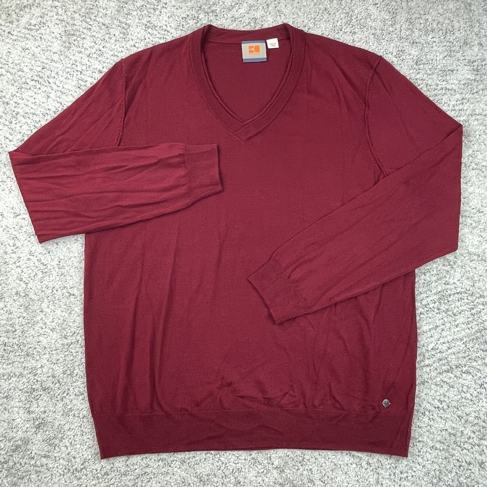 Hugo Boss Orange‎ Sweater Mens XXL Wool Blend Pullover V-Neck Roll Burgundy EUC